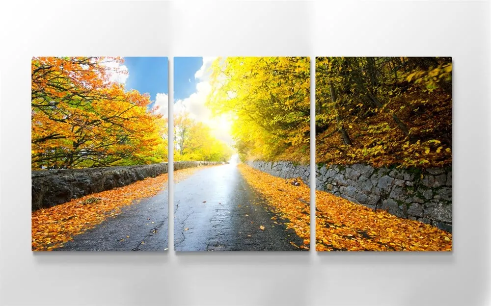 Sonbahar Yapraklar?? ve Yol Manzaralı 3 Parçalı Kanvas Tablo