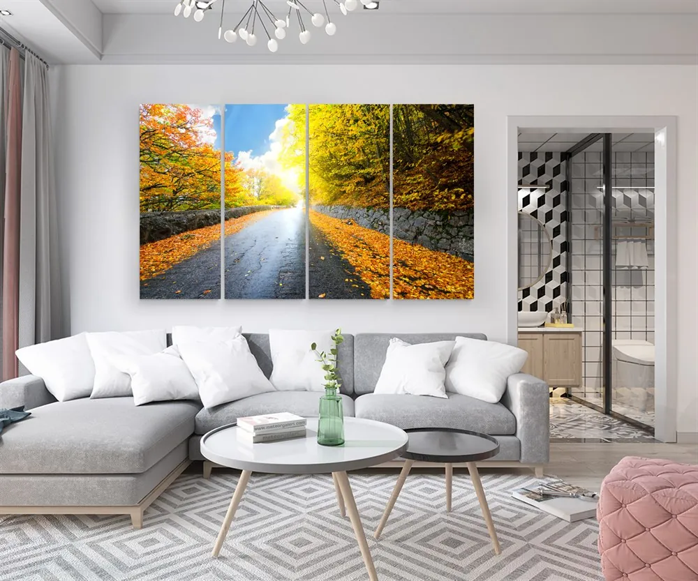 Sonbahar Yapraklar?? ve Yol Manzaralı 4 Parçalı Kanvas Tablo