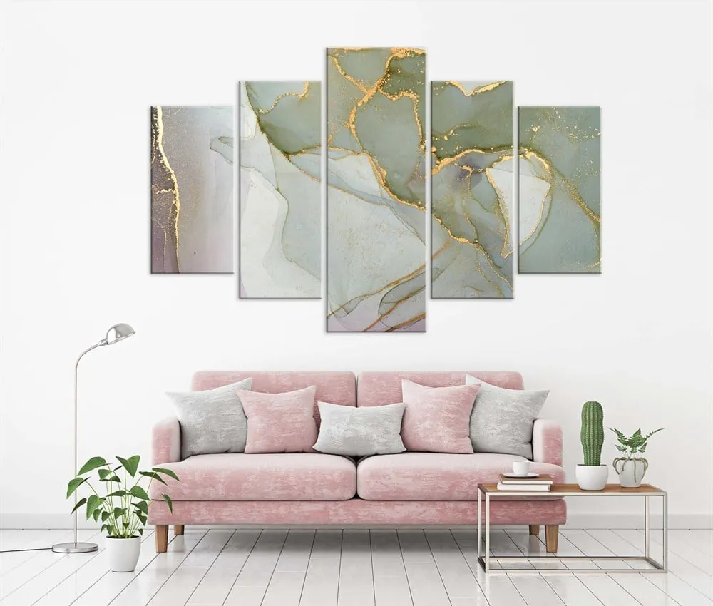 Soyut Ye??il Pembe Renkli Gold Rengi Detayl?? Abstract Kanvas Tablo