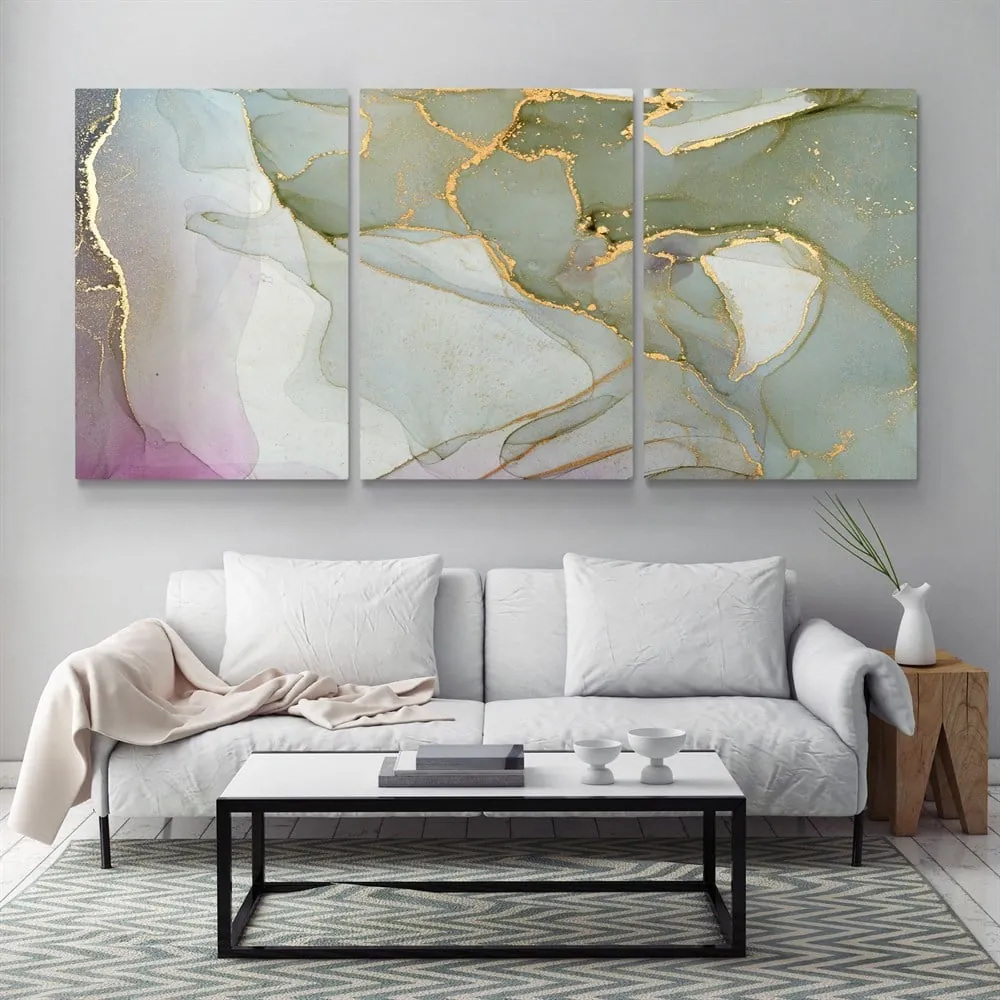 Soyut Ye??il Pembe Renkli Gold Rengi Detayl?? Abstract Kanvas Tablo