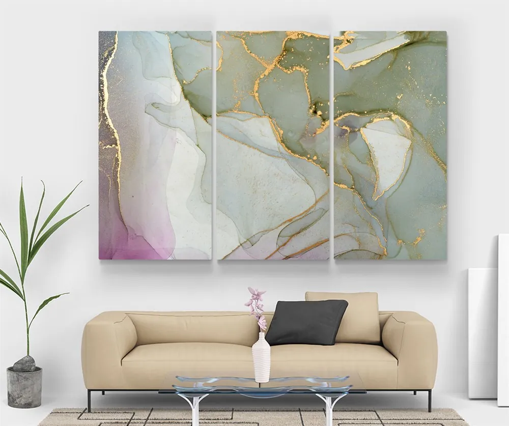 Soyut Ye??il Pembe Renkli Gold Rengi Detayl?? Abstract Kanvas Tablo