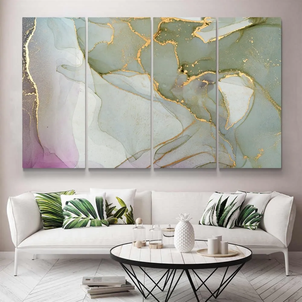 Soyut Ye??il Pembe Renkli Gold Rengi Detayl?? Abstract Kanvas Tablo