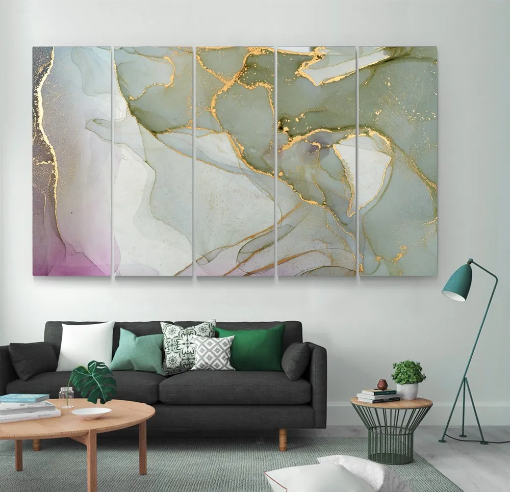 Soyut Ye??il Pembe Renkli Gold Rengi Detayl?? Abstract Kanvas Tablo