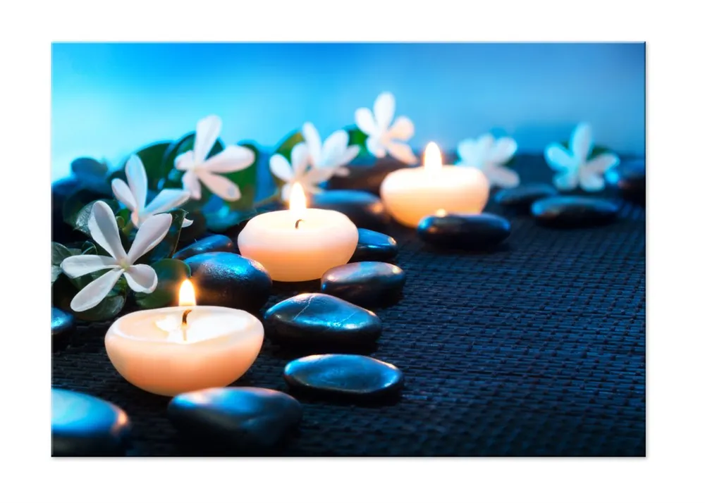 Spa Taşları Mum Işığı Saatsiz Mavi Renkli Kanvas Tablo