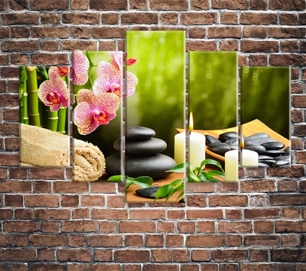 Spa Taşları Ve Pembe Çiçekler 5 Parça Kanvas Tablo