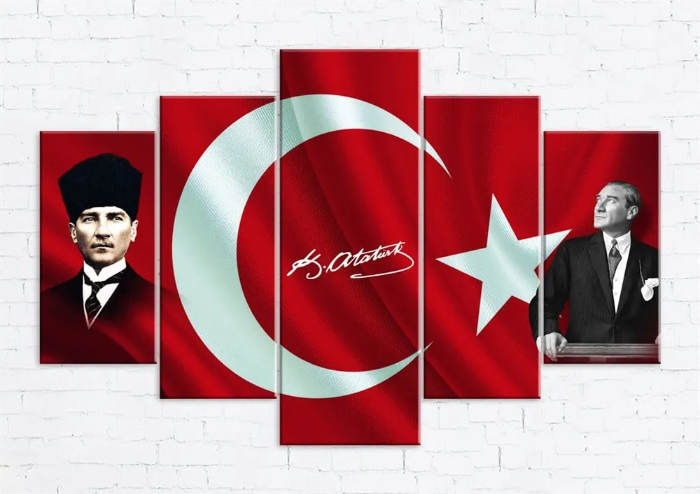 Türk Bayrağı ve Atatürk Resimli 5 Parça Kanvas Tablo
